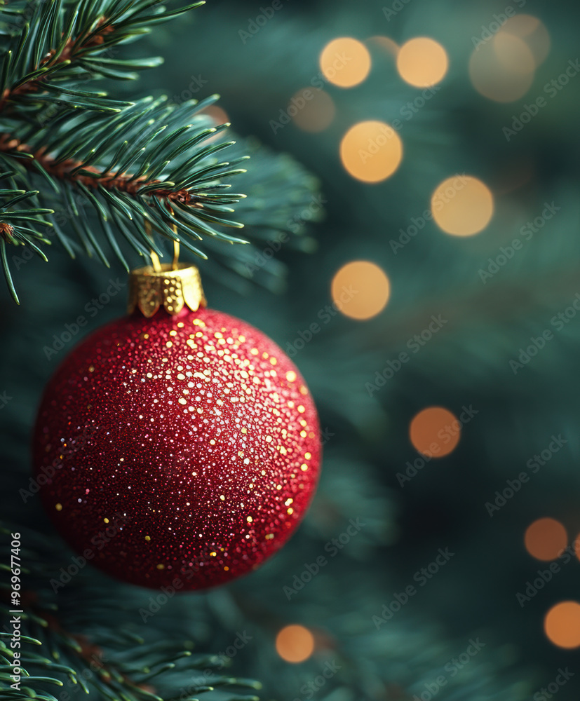 Red Christmas Ornament Hanging on Pine Tree Branch with Bokeh Lights, Christmas Background Red Christmas Ornament Hanging on Pine Tree Branch with Bokeh Lights, Christmas Background