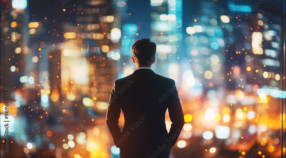 Businessman Contemplating City Lights at Night Businessman Contemplating City Lights at Night