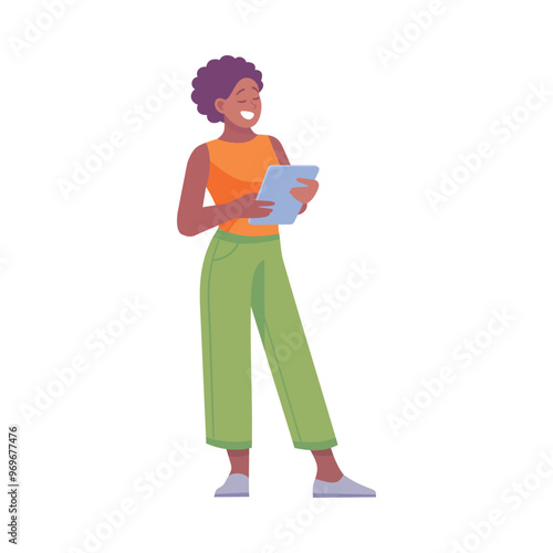 African American Woman Entrepreneur Character Standing with Tablet Vector Illustration