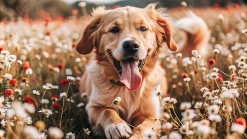 Golden Retriever Puppy in a Field of Flowers A golden retriever puppy joyfully running through a meadow of wildflowers, its tongue hanging out and ears flopping in the breeze. photo