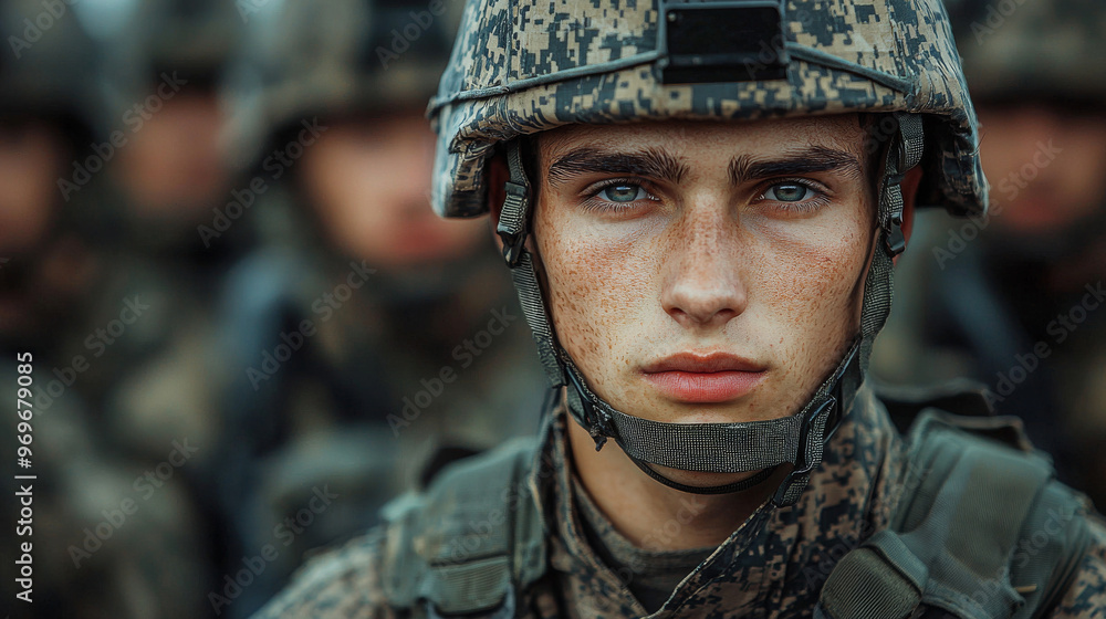 Fototapeta premium Young soldier in uniform and helmet looks intently at the camera.