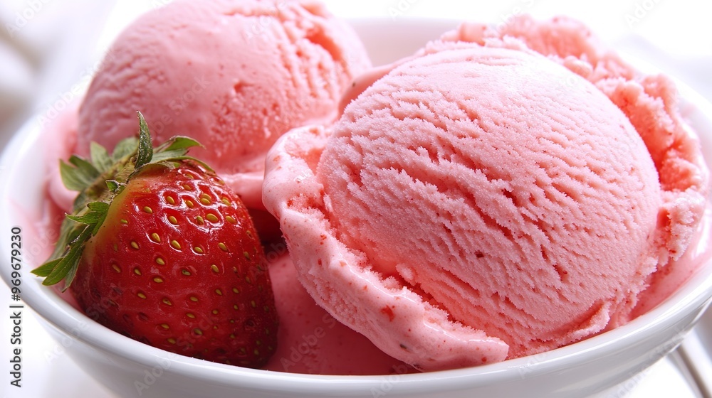A bowl of pink ice cream with a strawberry on top A bowl of pink ice cream with a strawberry on top
