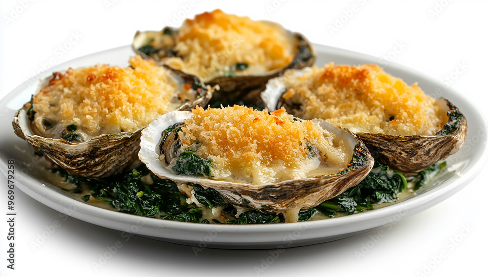 Oysters lightly baked with baby spinach and plenty of cheese, served on a white plate against a clear background Oysters lightly baked with baby spinach and plenty of cheese, served on a white plate against a clear background