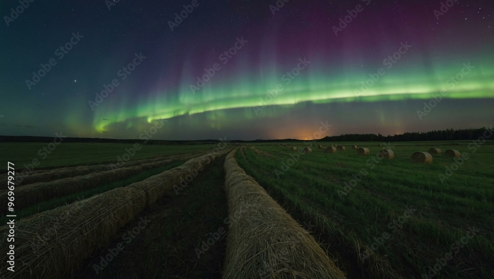 Drone’s trail captured during northern lights over a field with hay bales. Drone’s trail captured during northern lights over a field with hay bales.