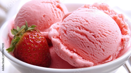 A bowl of pink ice cream with a strawberry on top