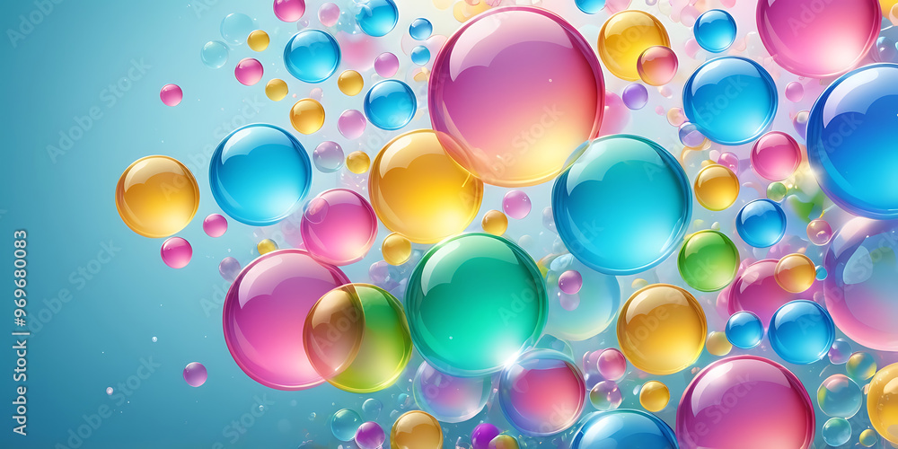Abstract Background of Floating Colorful Spheres and Bubbles, Liquid Buubbles And Drops, colorful bubbles on a blue background Abstract Background of Floating Colorful Spheres and Bubbles, Liquid Buubbles And Drops, colorful bubbles on a blue background