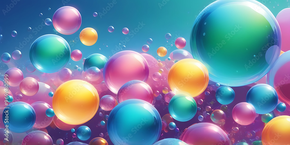 Abstract Background of Floating Colorful Spheres and Bubbles, Liquid Buubbles And Drops, colorful bubbles on a blue background Abstract Background of Floating Colorful Spheres and Bubbles, Liquid Buubbles And Drops, colorful bubbles on a blue background