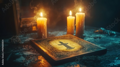 mystical banner template featuring a ouija board adorned with symbols and candlelight, embodying the concepts of mysticism and the occult photo