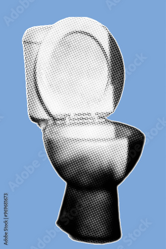 close up of flush toilet bowl pixelate color halftone dotted texture style collage element isolated on blue background