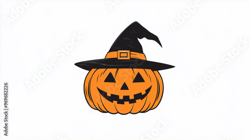 Illustration of Halloween Pumpkin Wearing a Witch Hat on Solid White Background