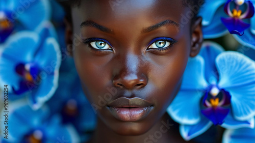 Close-up portrait of an African woman with orchid flowers. photo