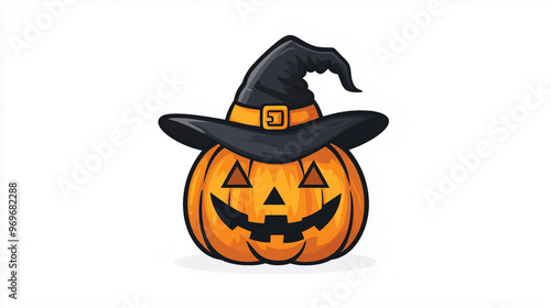 Illustration of Halloween Pumpkin Wearing a Witch Hat on Solid White Background