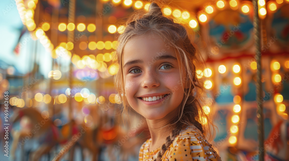 Obraz premium Joyful child in an amusement park, smiling against the background rotating carousel, cheerful colorful atmosphere, carefree childhood.