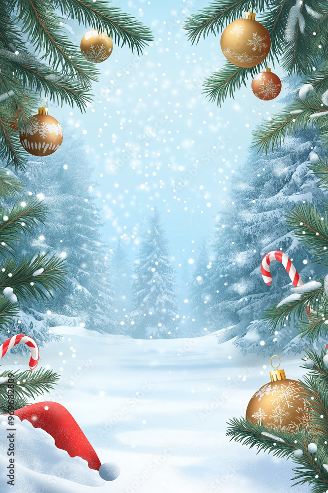 Christmas tree decorations concept. Top view vertical photo of gold and pink bubbles pinecone ornaments fir branch in hoarfrost and shiny confetti on isolated background with empty space Christmas tree decorations concept. Top view vertical photo of gold and pink bubbles pinecone ornaments fir branch in hoarfrost and shiny confetti on isolated background with empty space