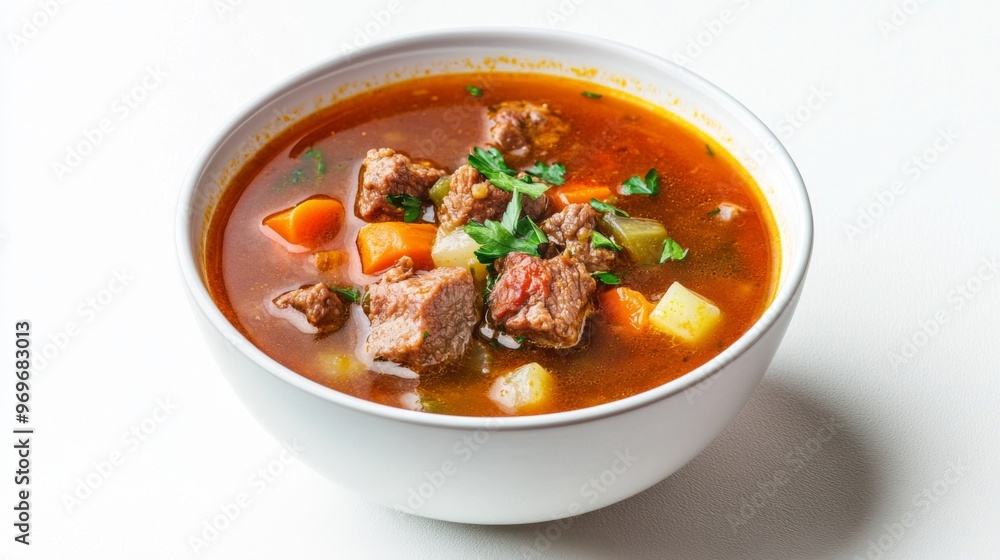 Detailed view of a bowl of hot soup with a thick, hearty texture, featuring chunks of meat and vegetables, set against a simple white backdrop. Detailed view of a bowl of hot soup with a thick, hearty texture, featuring chunks of meat and vegetables, set against a simple white backdrop.