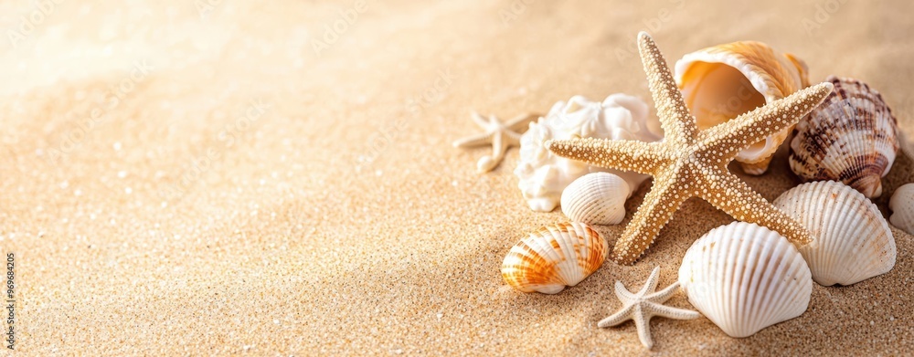 A beautiful collection of seashells and a starfish on a sandy beach, perfect for summer and marine themed projects. A beautiful collection of seashells and a starfish on a sandy beach, perfect for summer and marine themed projects.