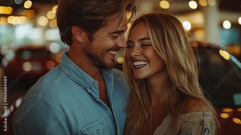 In a brightly lit showroom, a Caucasian couple stands next to their new car, smiling at each other with pure joy. The polished car gleams in the background, adding to the celebratory moment In a brightly lit showroom, a Caucasian couple stands next to their new car, smiling at each other with pure joy. The polished car gleams in the background, adding to the celebratory moment