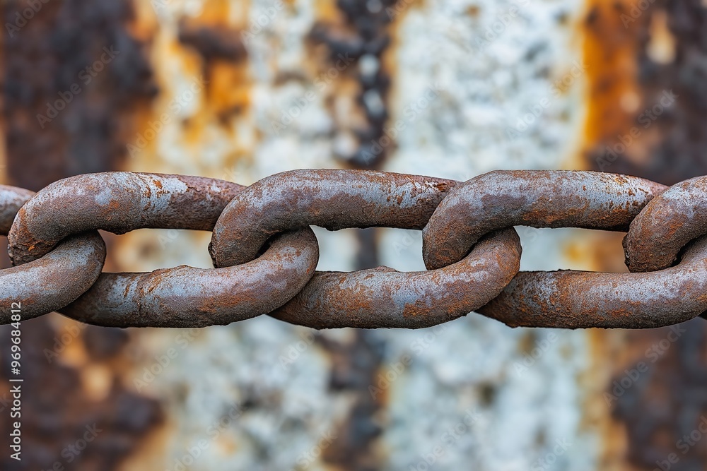A detailed close-up of a weathered, rusty chain, showcasing textured links against a blurred, abstract background. A detailed close-up of a weathered, rusty chain, showcasing textured links against a blurred, abstract background.