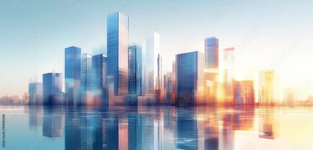Obraz premium Digital Illustration of Urban Skyline with Skyscrapers and Buildings Reflecting in Water. Represents City Development and Modern Architecture.