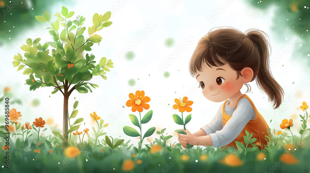 Depicting of a cute cartoon a child boy and girl planting a flower next to a tree in a garden, promoting environmental education and nature awareness, symbolizing relaxation and outdoor leisure Depicting of a cute cartoon a child boy and girl planting a flower next to a tree in a garden, promoting environmental education and nature awareness, symbolizing relaxation and outdoor leisure