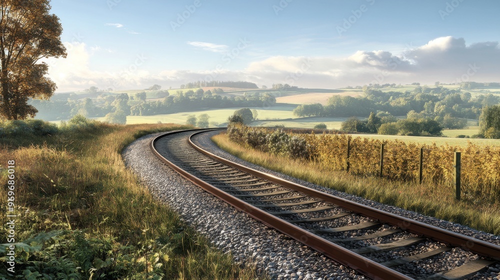 Detailed view of a railway track curving through a scenic countryside, with emphasis on the tracks, surrounding fields, and distant hills. Detailed view of a railway track curving through a scenic countryside, with emphasis on the tracks, surrounding fields, and distant hills.