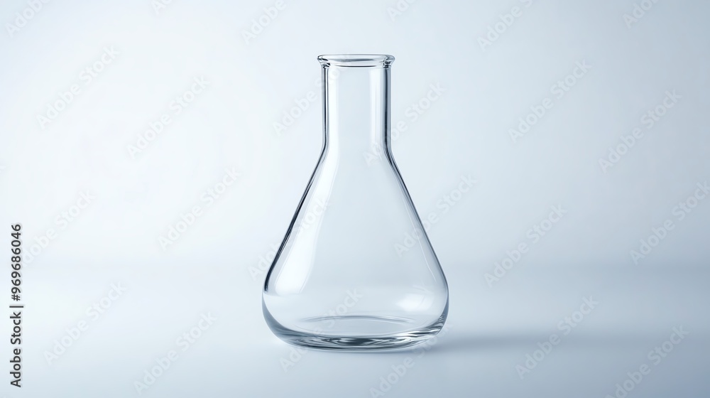 A clear glass laboratory flask isolated on a soft background, ideal for scientific and educational use.