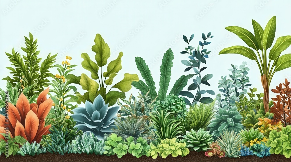 Fototapeta premium A financial portfolio depicted as a lush garden, with each plant representing a different asset class stocks, real estate, and bonds symbolizing a diverse investment strategy