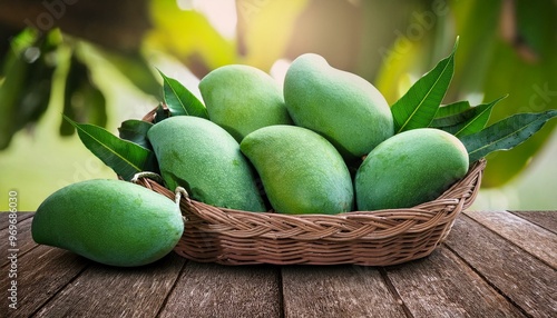 Wallpaper Mural Green mango and green leaf on basket and old wooden floor background, Group of raw mangoes organic with sour and high vitamin C fruit for healthy.
 Torontodigital.ca