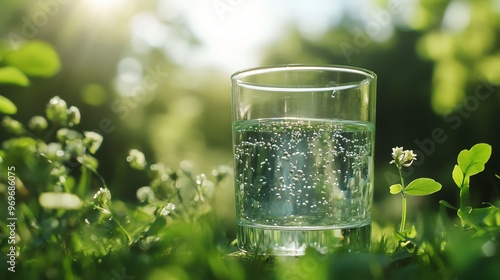 A clear glass of sparkling water rests on fresh green grass, surrounded by sunlight and vibrant plant life, symbolizing refreshment.