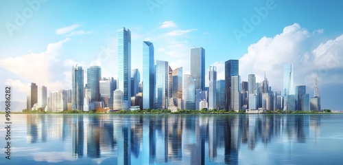 Digital Illustration of Urban Skyline with Skyscrapers and Buildings Reflecting in Water. Represents City Development and Modern Architecture.