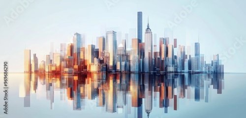 Digital Illustration of Urban Skyline with Skyscrapers and Buildings Reflecting in Water. Represents City Development and Modern Architecture.