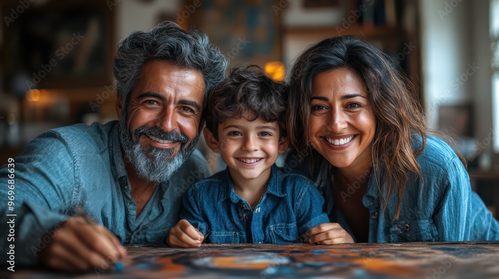 Fototapeta premium Latino parents, watching their son draw on a vertical canvas with wooden colors, are in a very bright room