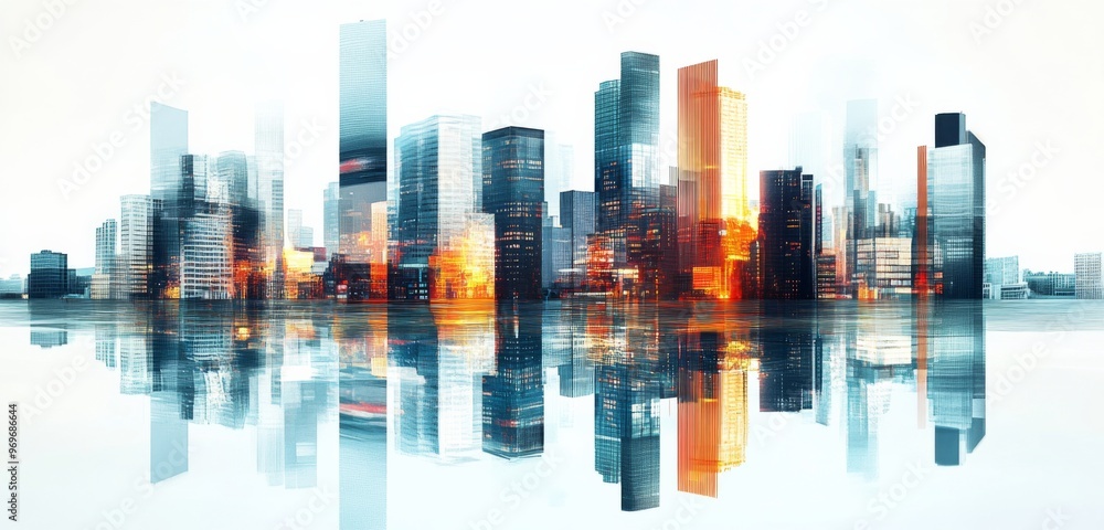 Obraz premium Digital Illustration of Urban Skyline with Skyscrapers and Buildings Reflecting in Water. Represents City Development and Modern Architecture.