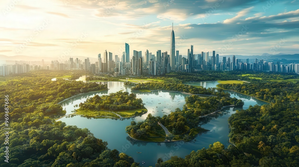 Fototapeta premium Capture an aerial view of a bustling city skyline merging with nature in a digital art style with vibrant hues and sharp details