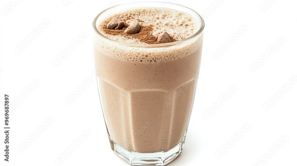 Chilled chocolate milkshake in a clear glass, topped with frothy cream and ice. Perfect for a refreshing treat on a warm day. Chilled chocolate milkshake in a clear glass, topped with frothy cream and ice. Perfect for a refreshing treat on a warm day.