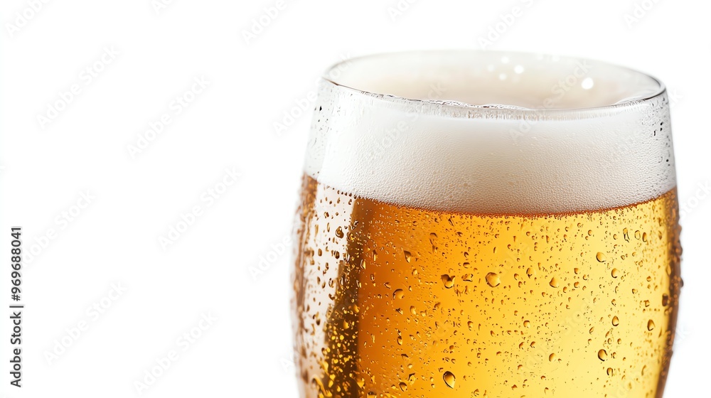 Close-up of a refreshing beer in a glass, with frothy head and condensation, perfect for summer gatherings or bar settings. Close-up of a refreshing beer in a glass, with frothy head and condensation, perfect for summer gatherings or bar settings.