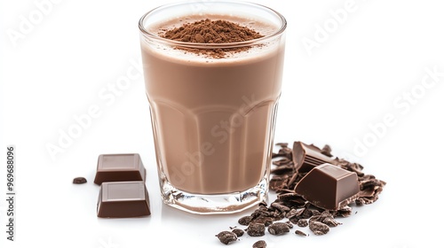 Delicious chocolate milk served in a glass, topped with cocoa powder, accompanied by chocolate squares and beans.