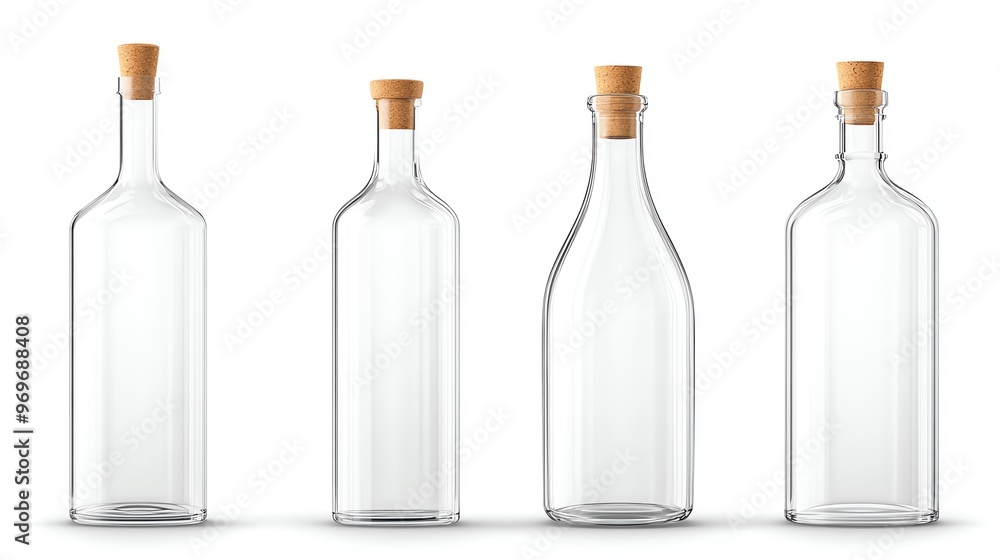 Four elegant glass bottles with wooden corks, perfect for storage or decoration in minimalist home settings. Four elegant glass bottles with wooden corks, perfect for storage or decoration in minimalist home settings.