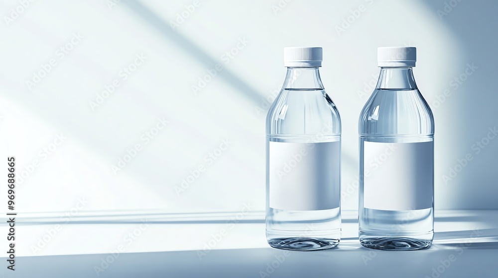 Two clear water bottles with blank labels, beautifully arranged against soft natural light and shadows on a minimalistic background. Two clear water bottles with blank labels, beautifully arranged against soft natural light and shadows on a minimalistic background.