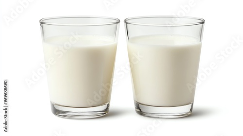 Two clear glasses filled with fresh white milk, perfect for healthy drinks or cooking in various recipes.