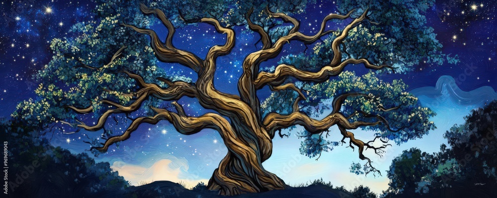 Illustrate a towering ancient oak tree with twisting branches reaching ...