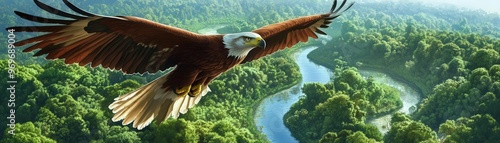 Illustrate a majestic eagle soaring high above a lush forest, its keen eyes fixed below on a winding river, embodying the concept of Idea flow in a hyper-realistic digital artwork photo