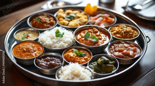 Detailed view of a traditional Indian thali, featuring a variety of small dishes including curries, rice, and pickles, arranged on a metal tray.