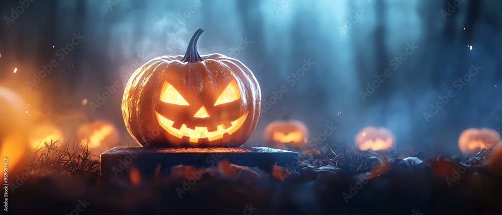 A spooky illuminated pumpkin sits on a wooden platform, surrounded by mist and eerie blue light, perfect for Halloween themed projects. A spooky illuminated pumpkin sits on a wooden platform, surrounded by mist and eerie blue light, perfect for Halloween themed projects.