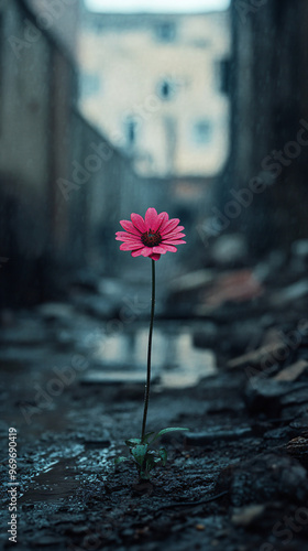 
Single delicate flower blooming in a harsh urban alley, rain-soaked pavement and moody lighting, symbolizing resilience and nature in contrast with a gritty city environment, perfect for urban nature photo