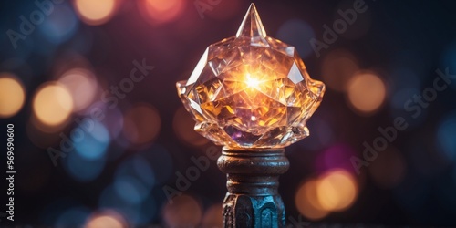 A glowing staff embedded in a crystal, radiating arcane power.