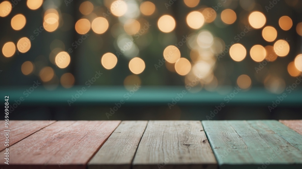 Empty wooden deck table and red checked tablecloth over mint wallpaper background. Empty wooden deck table and red checked tablecloth over mint wallpaper background.