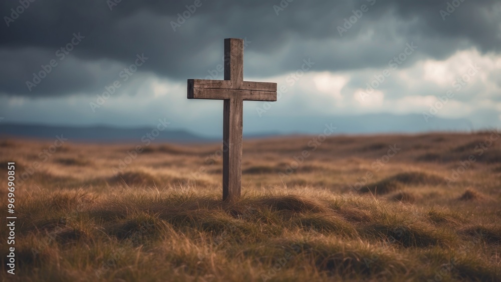 Weathered Cross Standing Tall Amidst Windswept Moor and Gathering Clouds. Weathered Cross Standing Tall Amidst Windswept Moor and Gathering Clouds.