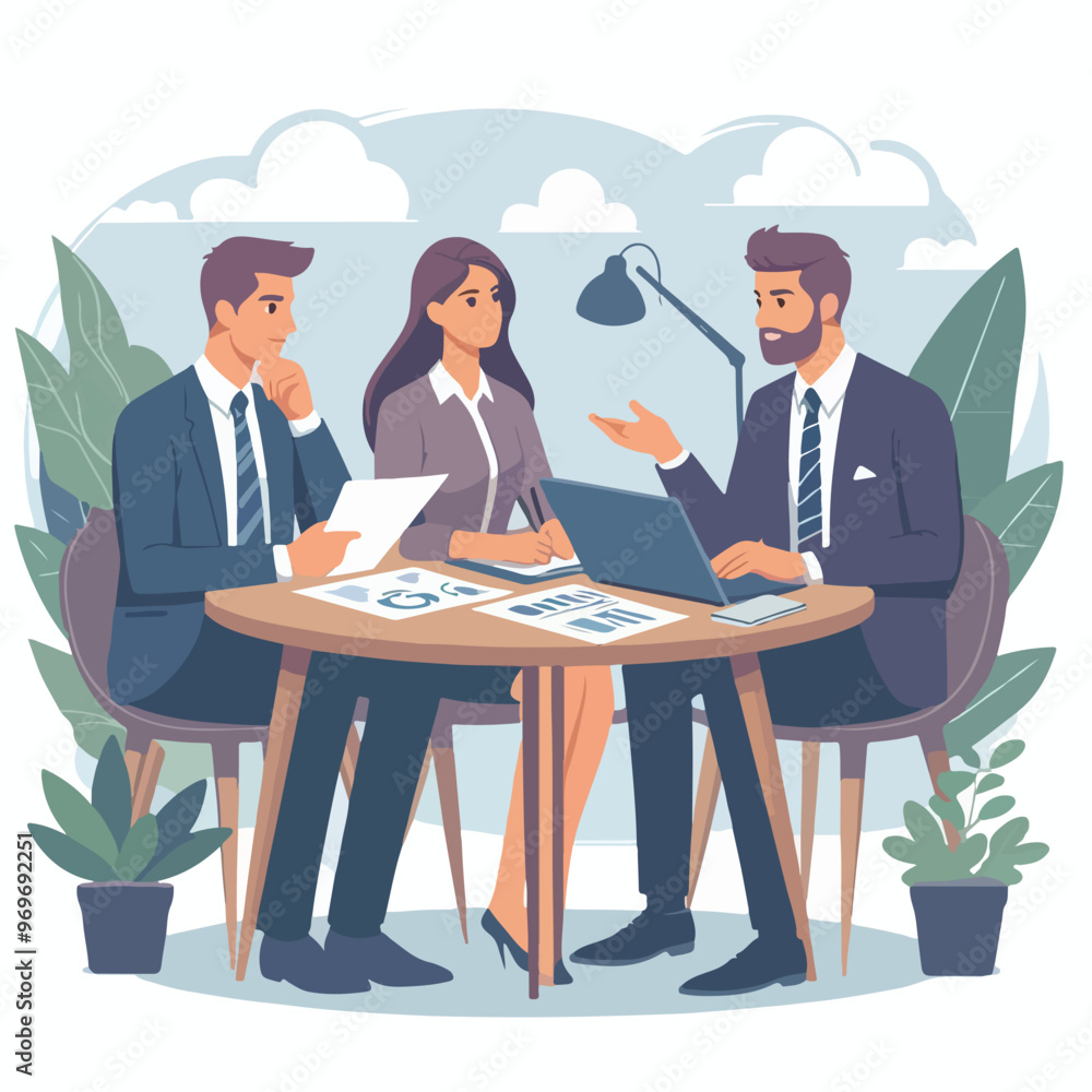Partners meeting for business discussion with documents and laptop on desk. Couple at round table, speaking, discussing work, partnership. Flat vector illustration isolated on white background Partners meeting for business discussion with documents and laptop on desk. Couple at round table, speaking, discussing work, partnership. Flat vector illustration isolated on white background