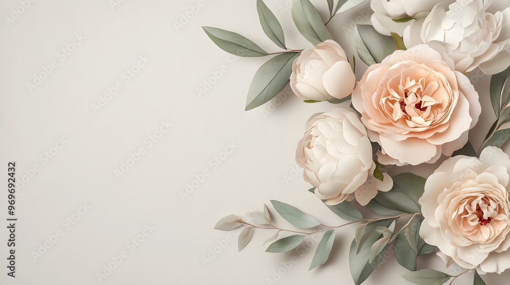 A beautiful arrangement of pastel roses and peonies with greenery on a light solid color background A beautiful arrangement of pastel roses and peonies with greenery on a light solid color background